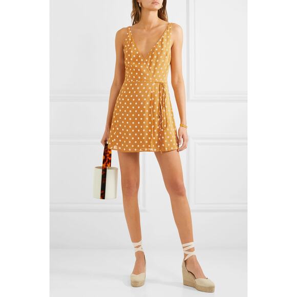Reformation Anchorace Polka-Dot Georgette Mini Wrap Dress Mustard Size XS - Picture 1 of 7